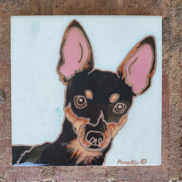 HAND PAINTED AND HAND GLAZED TILE TRIVET BY PUMPKIN Miniature Pinscher 6" X 6" - Picture 1 of 8